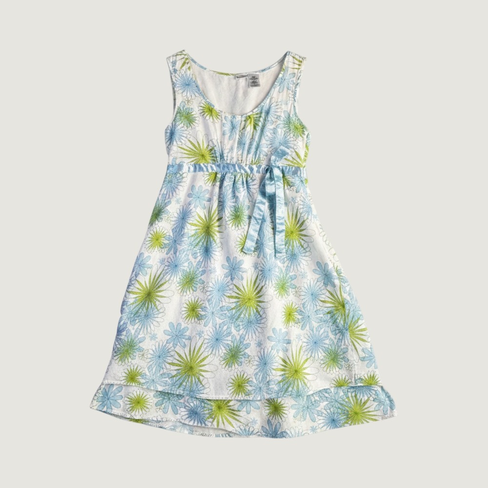 Vintage Y2K Empire Waist Dress L White Blue Green 100% Cotton